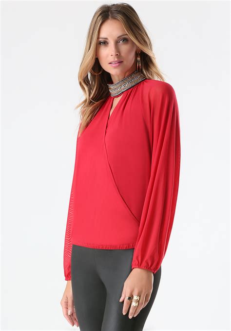 Bebe Chain Neck Mesh Sleeve Top In Red Lipstick Red Lyst