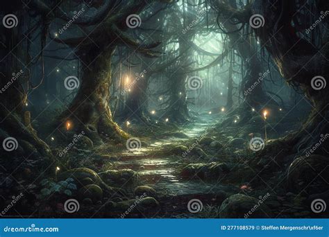 Enchanted Misty Forest With Dappled Sunlight Stock Illustration