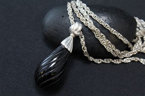 Long Sterling Silver Carved Onyx Necklace Long Sterling Necklace