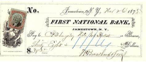 November 26 1875 First National Bank Check Jamestown New York