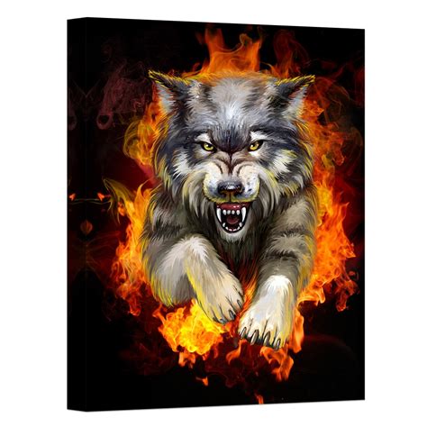 Contemporary Painting Wall Art Fire Wolf Print On Canvas Animal The