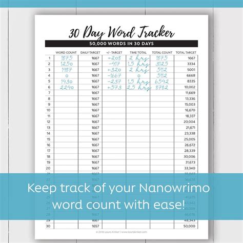 Word Count Tracker For Writers 30 Day 50000 Word Tracker Etsy
