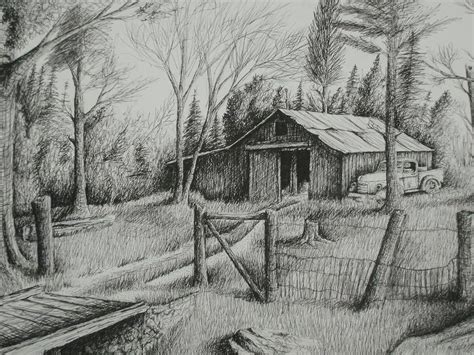 Drawing weathered ink image by ₛₜₒᵣₘy dₐy. Old Barn Drawings | Mas Barn And Truck Drawing | Barn drawing