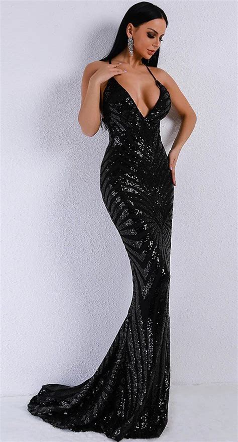 Black Long Sequin Dress Maxi Party Cocktail Prom Wedding V Neck