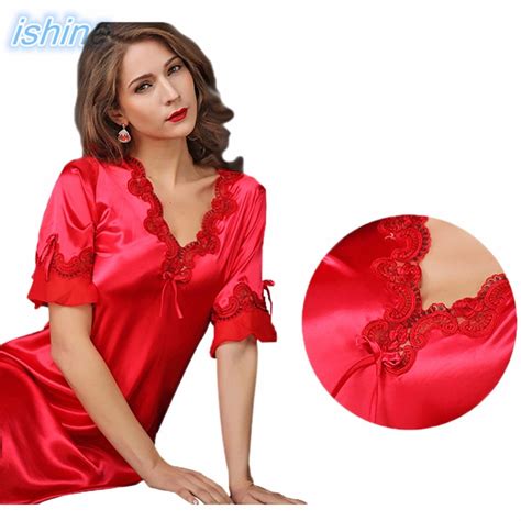 2018 Brand Sleep Dress Women Sleepwear Faux Silk Nightgowns Red Sexy V Neck Nightdress Indoor