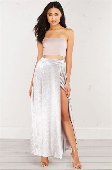 Satin Maxi Wrap Skirt In Blush And Silver