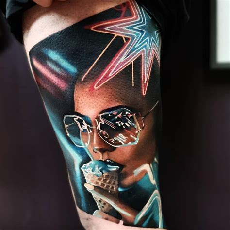 Amazing Neon Portrait Tattoo On The Arm Done By Simonsmithtattoos