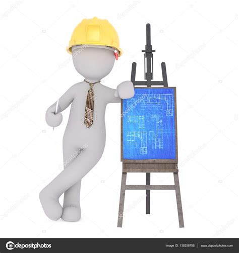 Cartoon Architect Leaning On Blueprints On Easel Stock Photo By ©3d