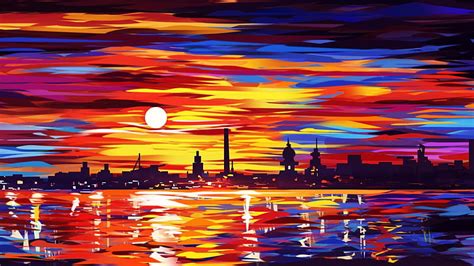 Hd Wallpaper City Painting Art Artwork Sunset Reflection Water
