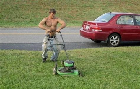 Shirtless Male Muscular Beefcake Southern Dude Mowing Yard Photo X