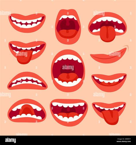 Cartoon Mouth Elements Collection Show Tongue Smile With Teeth
