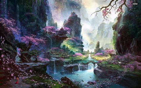 Chinese Town In The Mountains Hd Wallpaper Fantasy Art Landscapes