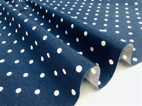Navy Blue Polka Dot Fabric White Spots Dots Polycotton Material Classic