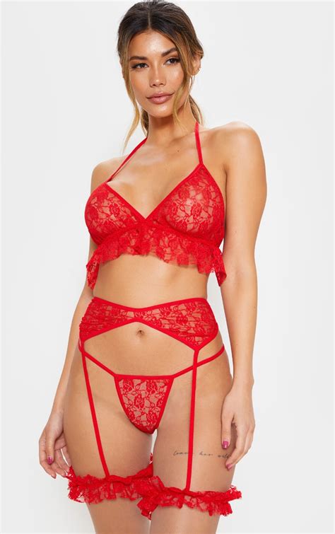 Red Lace Long Line Full Lingerie Set Prettylittlething Ie