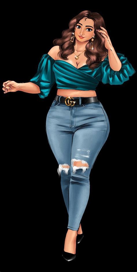 A Drawing Of A Woman In Ripped Jeans And A Pink Top With Her Hands On
