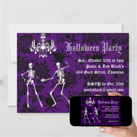 Glamorous Skeletons Halloween Costume Party Purple Invitation Zazzle