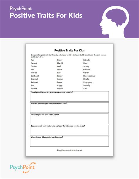 Positive Traits For Kids Worksheet Psychpoint