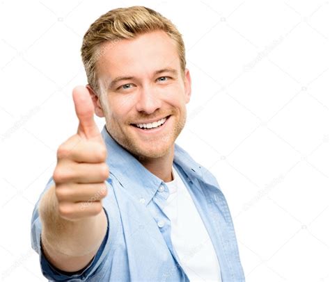 Attractive Young Man Thumbs Up Full Length On White Background Stock