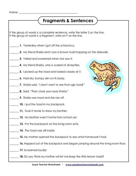 Sentence Vs Fragment Worksheet