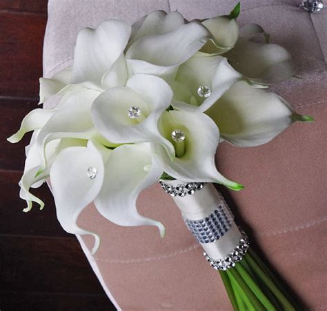 silk flower wedding bouquet calla lilies off white natural touch with crystals silk bridal