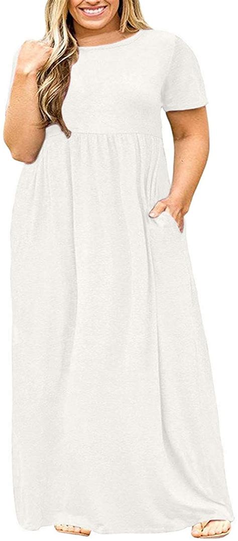 Womens Plus Size Short Sleeve Loose Plain Casual Long Maxi Dresses