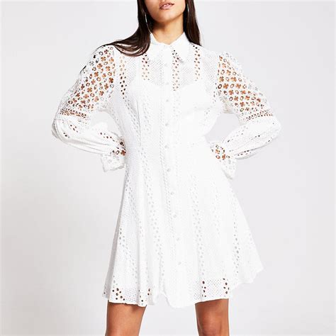River Island White Long Sleeve Pearl Button Broderie Dress Lyst