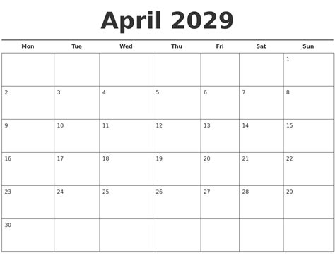 April 2029 Free Calendar Template