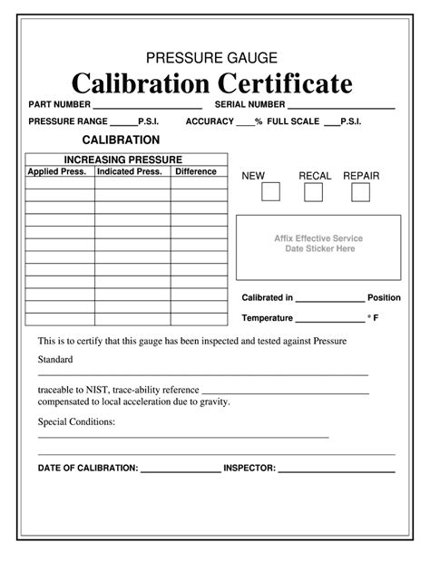 2010 Form Certified Training Company Calibration Certificate Fill