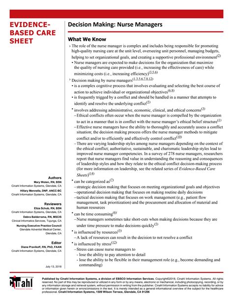 Solution Decision Making Nurse Managers Evidence Based Care Sheet