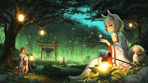 Wallpaper Forest Anime Girls Cat Ears Kimono Fireflies 2667x1500