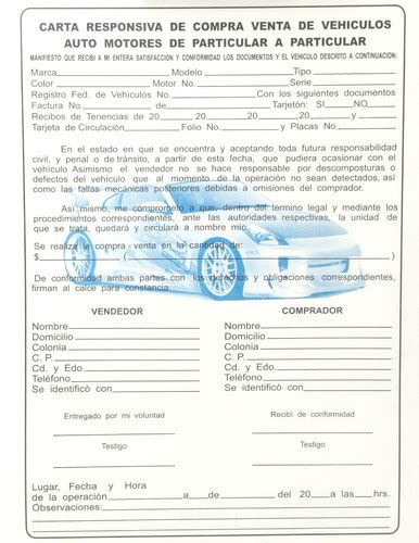 Carta Responsiva Compra Venta Vehiculo Autocopiante 1 Block Mercadolibre