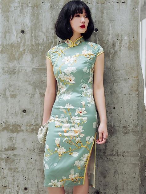 Custom Made Green Qipao Cheongsam Dress In Magnolia Print