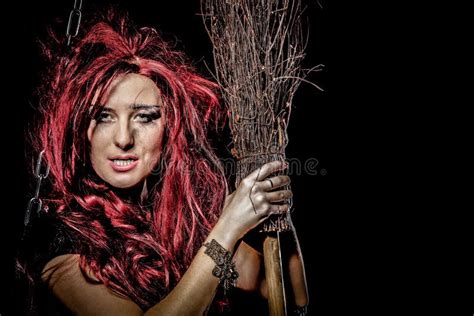 Evil Red Haired Witch And Her Broomstick Stock Image Image Of Dark