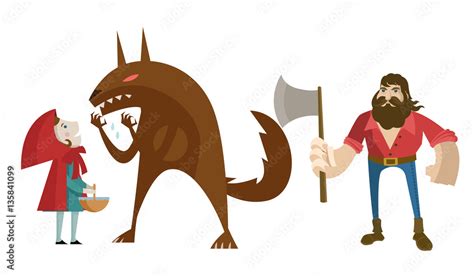 Little Red Riding Hood With Big Bad Wolf And Lumberjack Hunter Stock Vector Adobe Stock