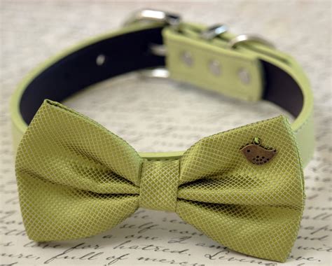 Green Dog Bow Tie Collar Birds Charm Greenery Wedding Pet Collar We