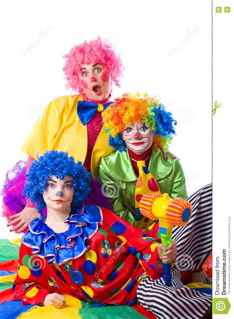 Three Colorful Funny Clown On A White Background Stock Image Image Of