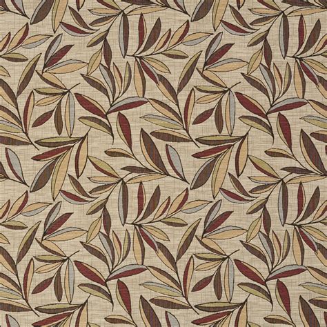 Beige And Burgundy Foliage Leaf Woven Damask Upholstery Fabric