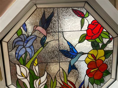 Octagonal Hummingbird Paradise Stained Glass Window Insert Panel