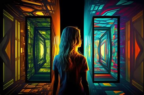 premium ai image abstract woman in futuristic fictional room with many colorful mirrors neural