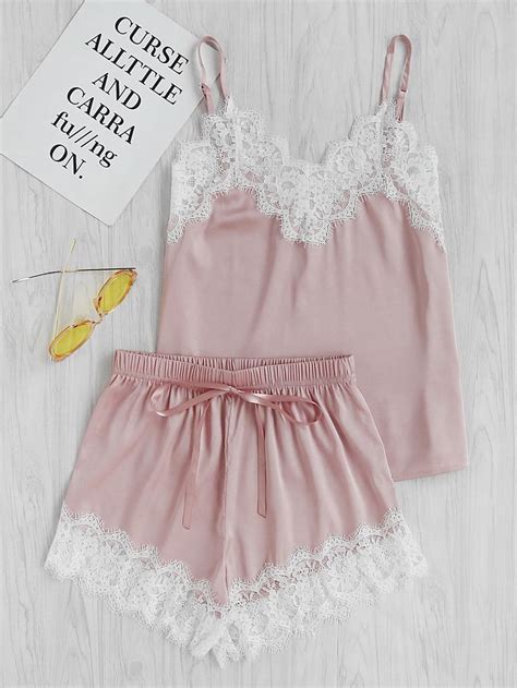 Shop Lace Trim Satin Cami And Shorts Pajama Set Online Shein Offers