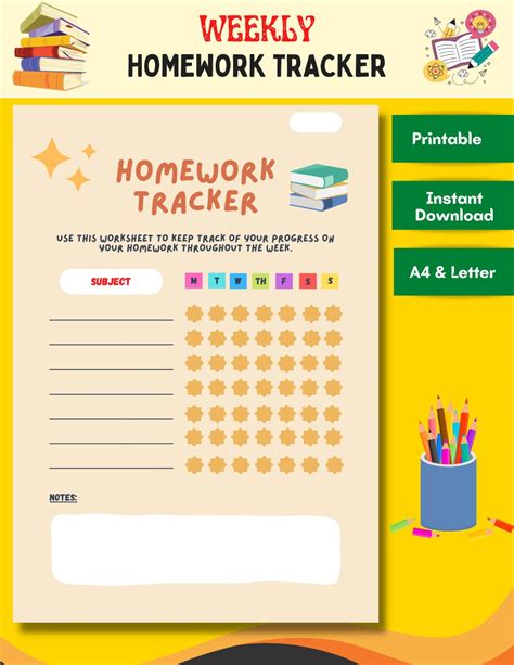 Weekly Homework Tracker Homework Planner Printable School Homework