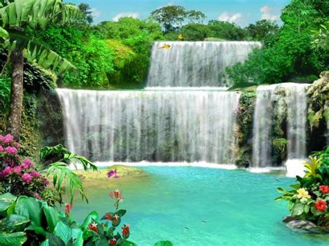 The Waterfall Is Surrounded By Tropical Vegetation And Flowers