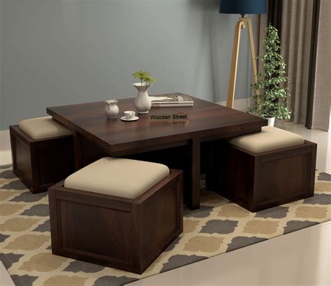 Buy Naoshi Sheesham Wood Coffee Table With 4 Seating Stools Walnut