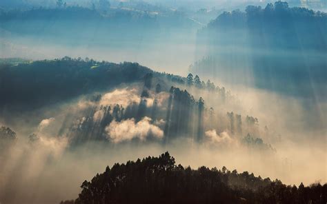 Landscapes Hills Fog Autumn Fall Sunlight Filtered Beams Rays