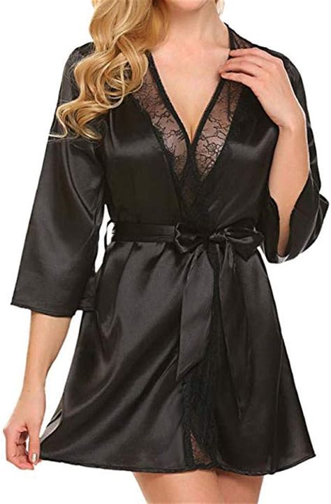 Women S Erotic Apparelwomen S Satin Silk Robe Bathrobe Lace Nightgown Sleepwear Thong Belt Sexy