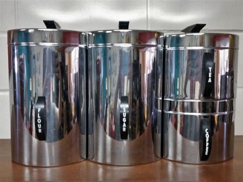 4 Kromex Stainless Steel Chrome And Black Kitchen Canisters Set