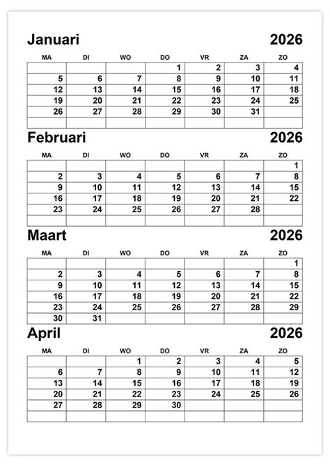 Kalender Januari Februari Maart April 2026