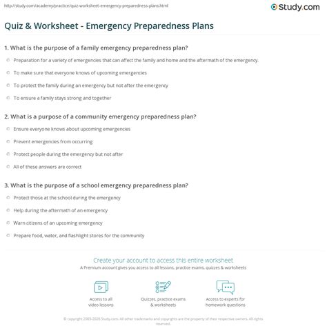 Quiz And Worksheet Emergency Preparedness Plans