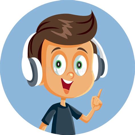 Cheerful Cartoon Boy Wearing Headphones Pointing Finger Stock Vector