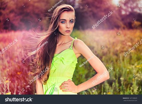 Beautiful Fashion Woman Posing Outdoors Stock Photo 147190829
